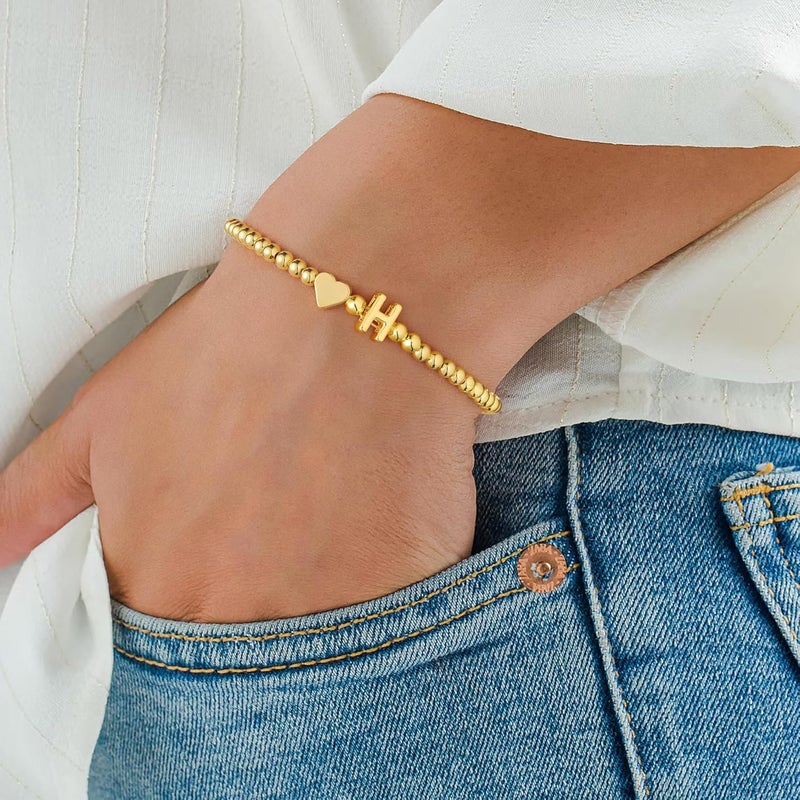 M MOOHAM Heart Initial Bracelet for Women - Valentines Day Gifts for Kids Girls, Dainty 14K Gold Plated Beaded Bracelets for Women Teen Girls Trendy Letter A-Z Personalized Heart Jewelry Gifts - Image 2